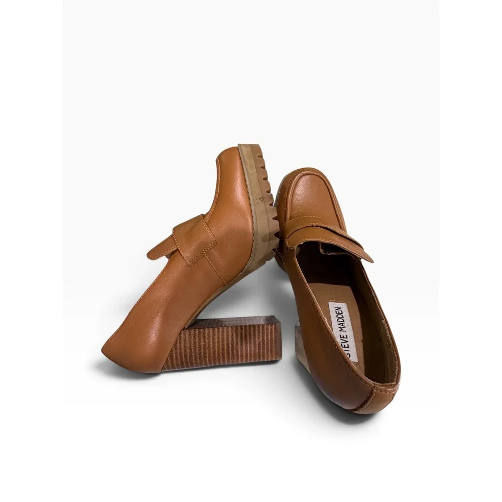 Steve Madden Odette Brown Leather Platform Loafers Chunky Block Heel 9M y2k 90s